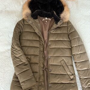 Brown and Green Puffer Jacket with Quilted Design and Fur Trim